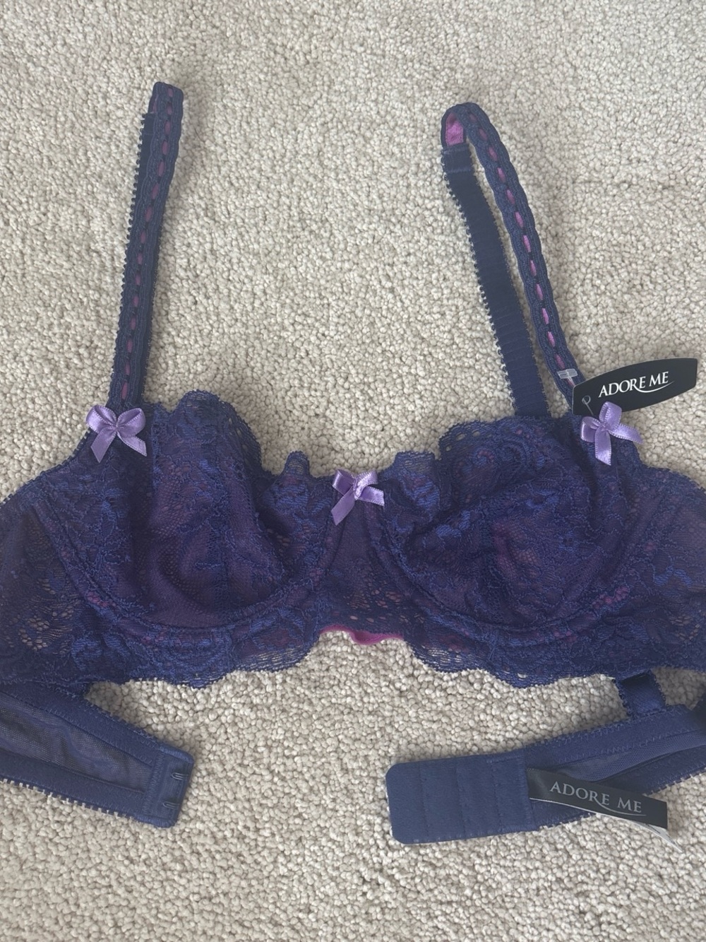 Adore Me Deep Purple Lace Balconette Bra with Lilac Bows